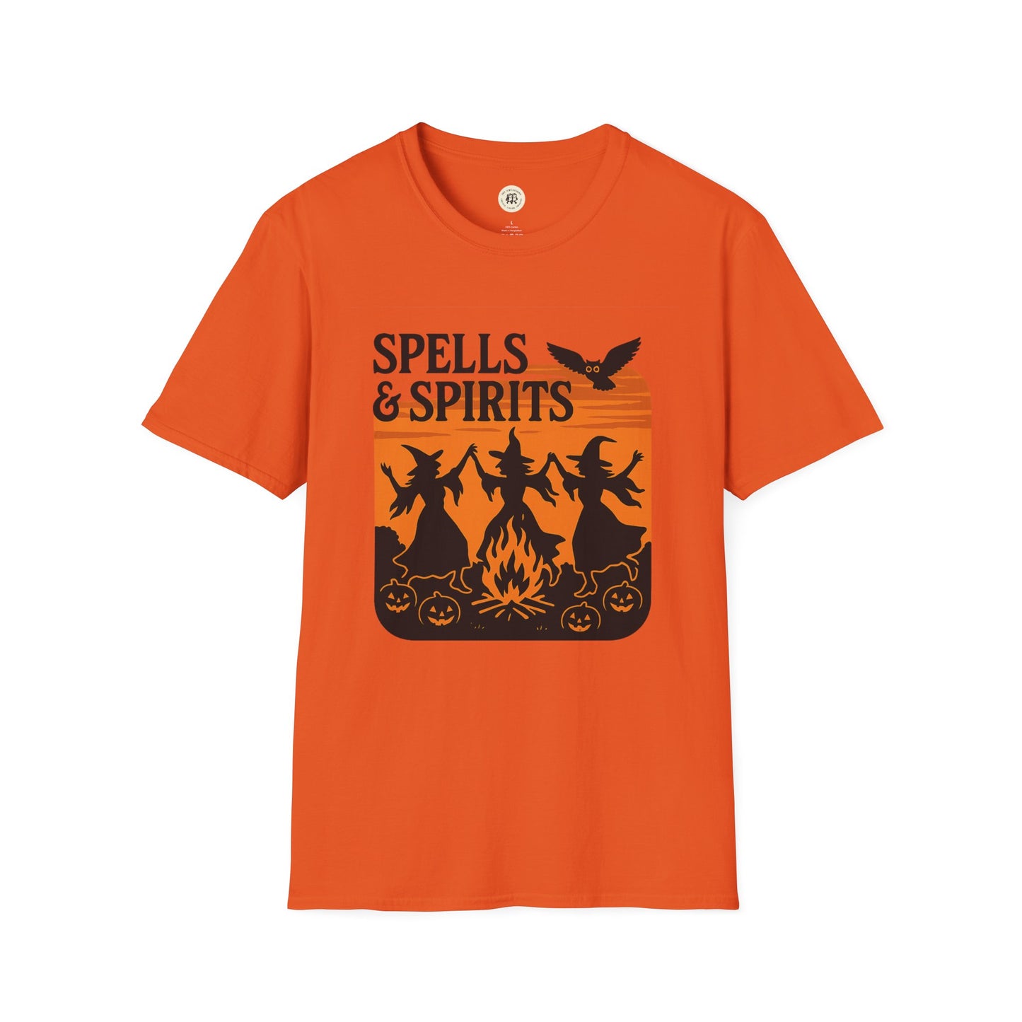 Orange T-shirt with witches dancing around a bonfire pumpkins and owl graphic spooky vibes unisex halloween t-shirt