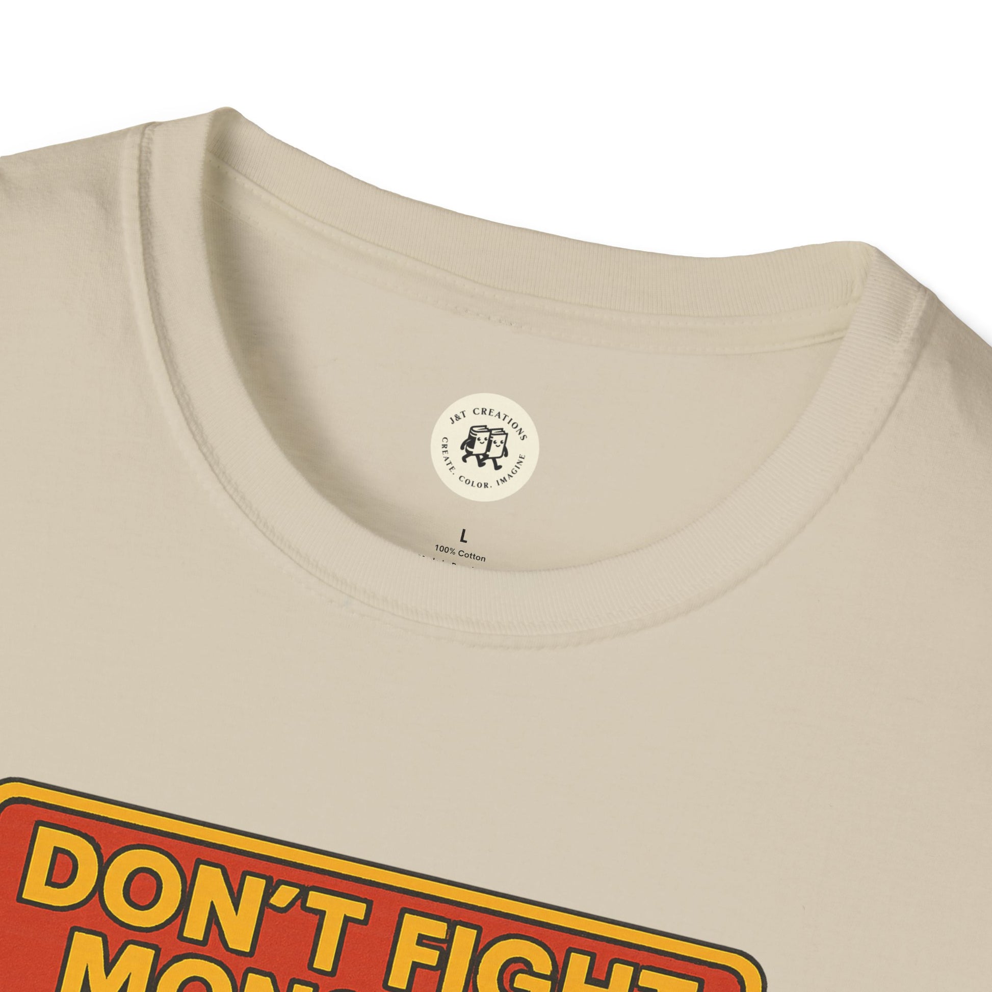 Close-up of beige Beowolf bravery t-shirt by Printify with bold graphic text design