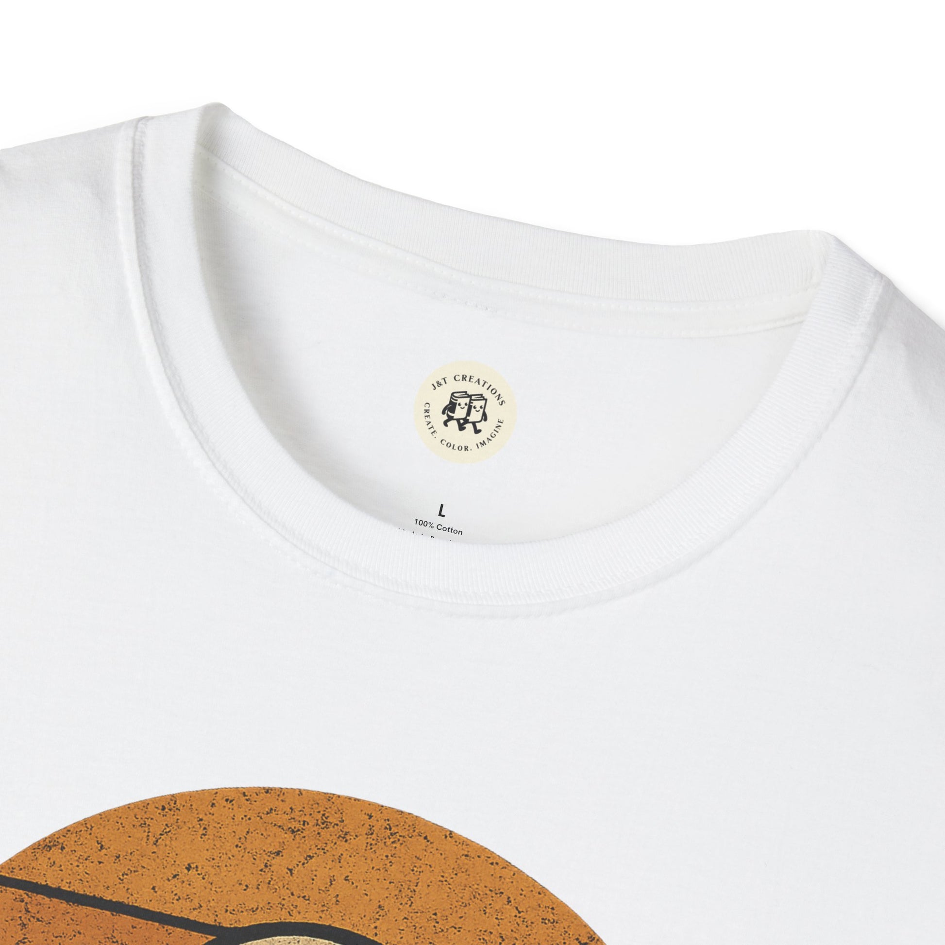 Close-up of white Printify retro UFO t-shirt with round neckline and vintage style print