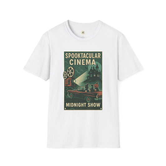White Printify t-shirt featuring a vintage cinema t-shirt design with spooky midnight show graphics