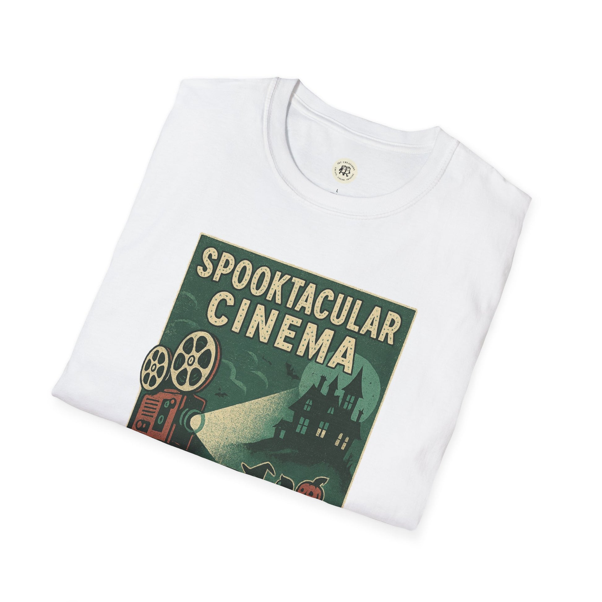 White vintage cinema t-shirt with spooky movie projector and haunted house design by Printify