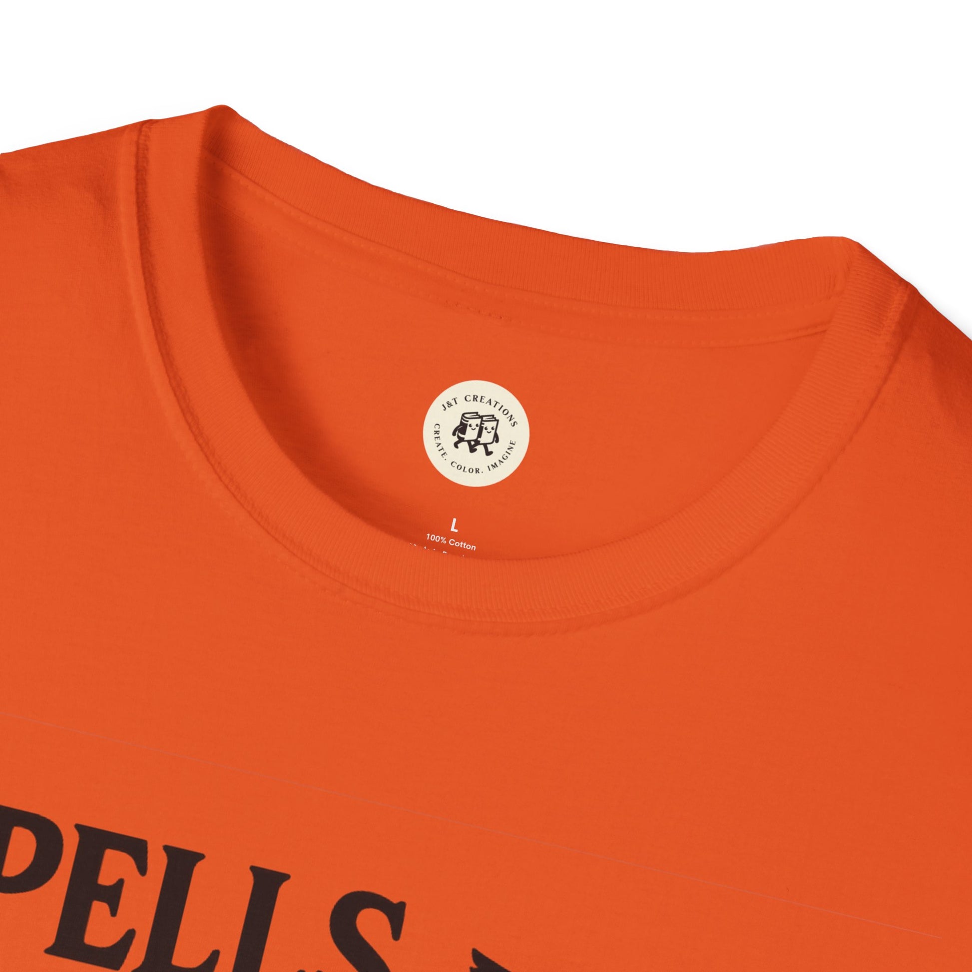 Close up of orange Printify t-shirt neckline with black Halloween graphic text spooky vibes unisex halloween t-shirt for fall