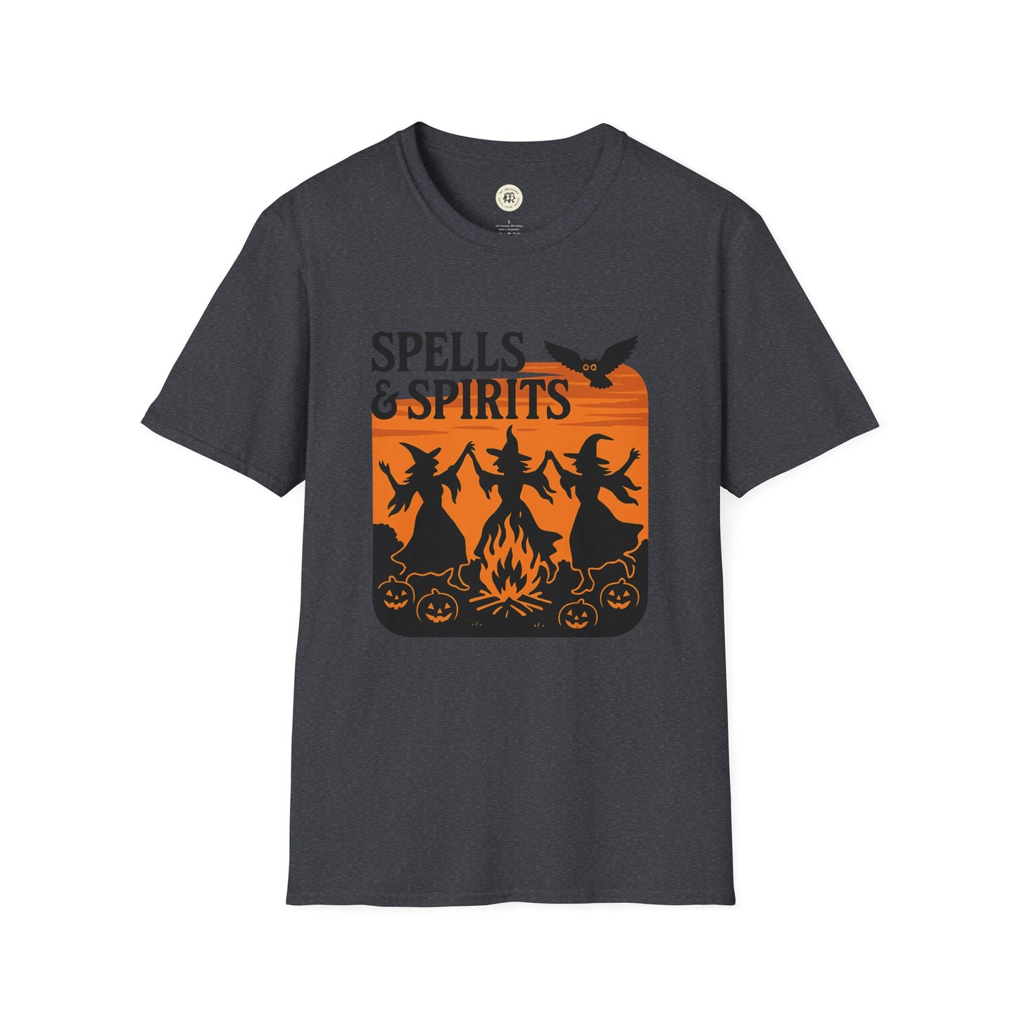 Printify charcoal T shirt with orange Spells and Spirits witches pumpkins campfire design spooky vibes unisex halloween t-shirt
