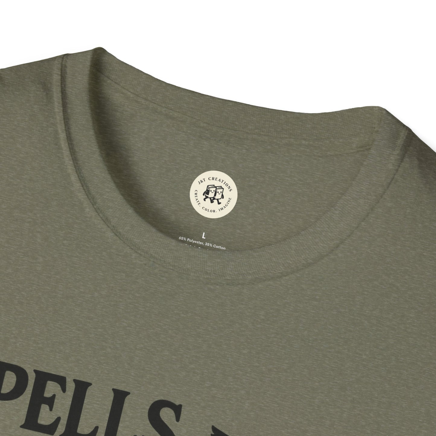 Olive crewneck Printify tee close up showing tag and black print detail spooky vibes unisex halloween t-shirt