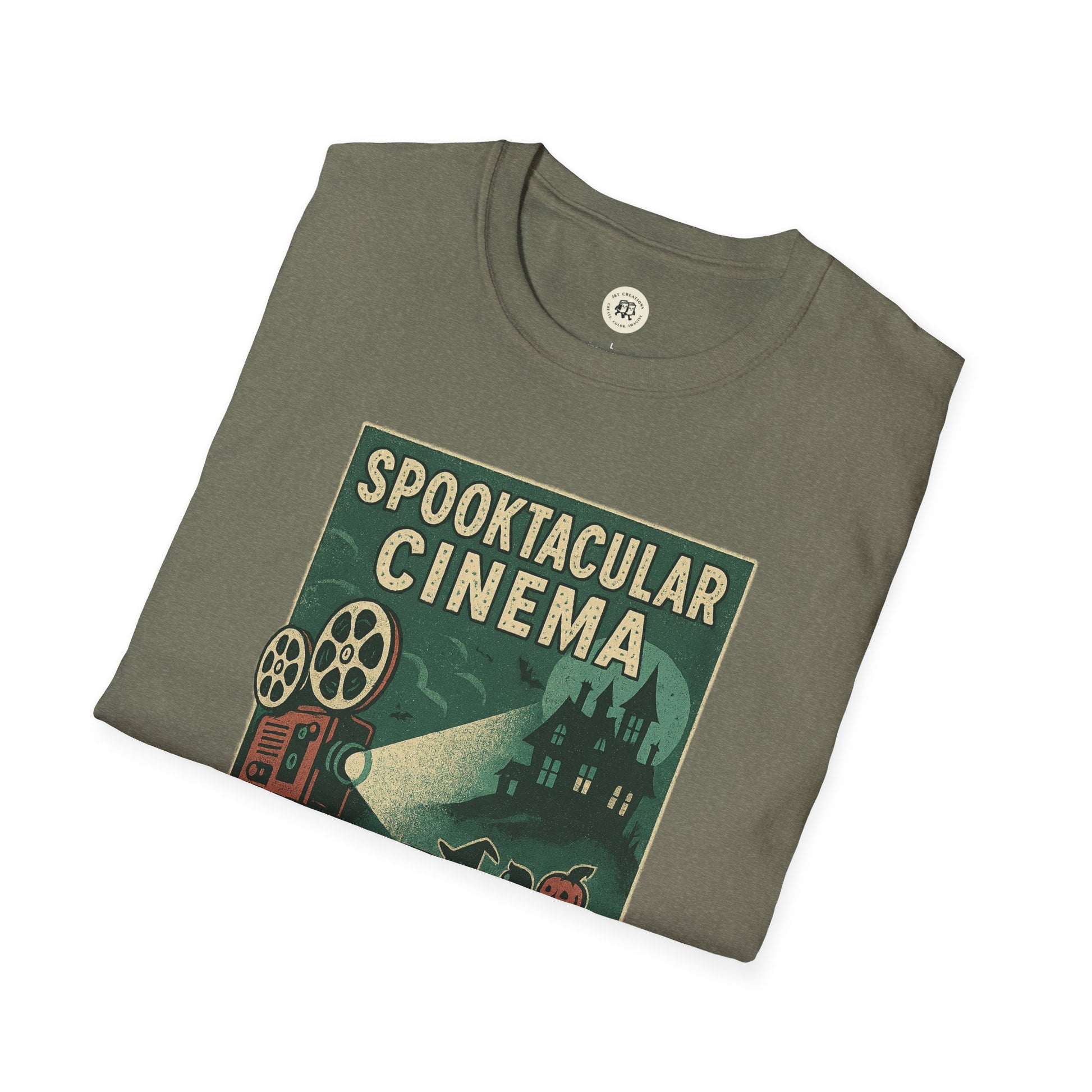 Printify vintage cinema t-shirt featuring spooky retro movie projector and haunted house design