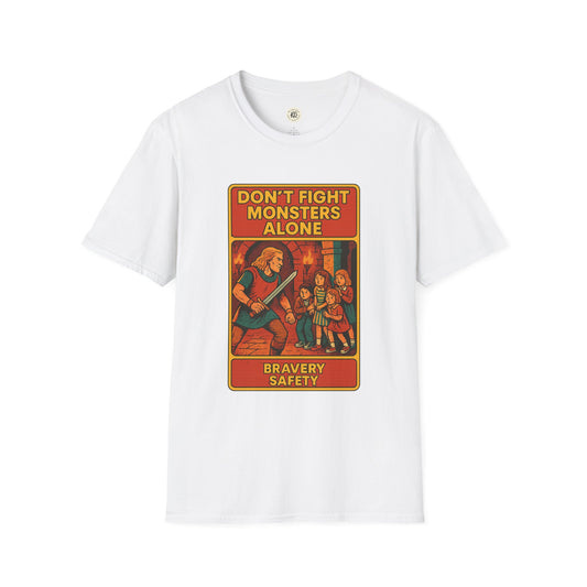 White Beowolf bravery t-shirt with vintage style graphic and text Dont Fight Monsters Alone