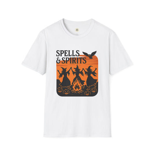 Printify white t shirt with Spells and Spirits witches around bonfire graphic and pumpkins spooky vibes unisex halloween t-shirt