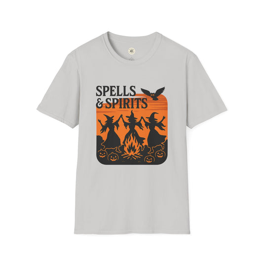 Printify gray tee with Spells and Spirits witch bonfire graphic and pumpkins spooky vibes unisex halloween t-shirt