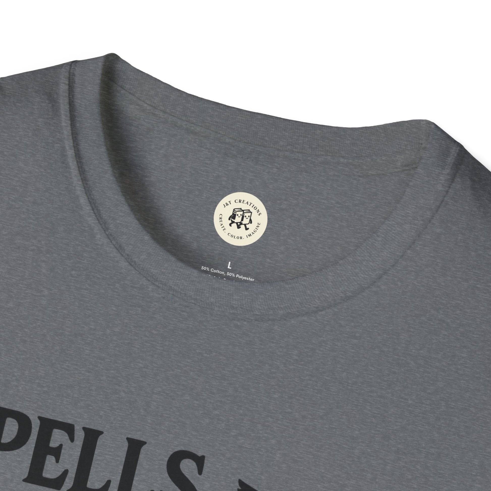 Gray crew neck T shirt closeup showing partial black print and size label, spooky vibes unisex halloween t-shirt
