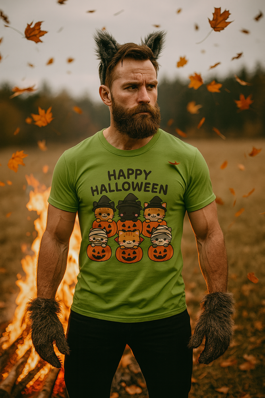 Halloween Pumpkin Graphic Tee with Cute Cats