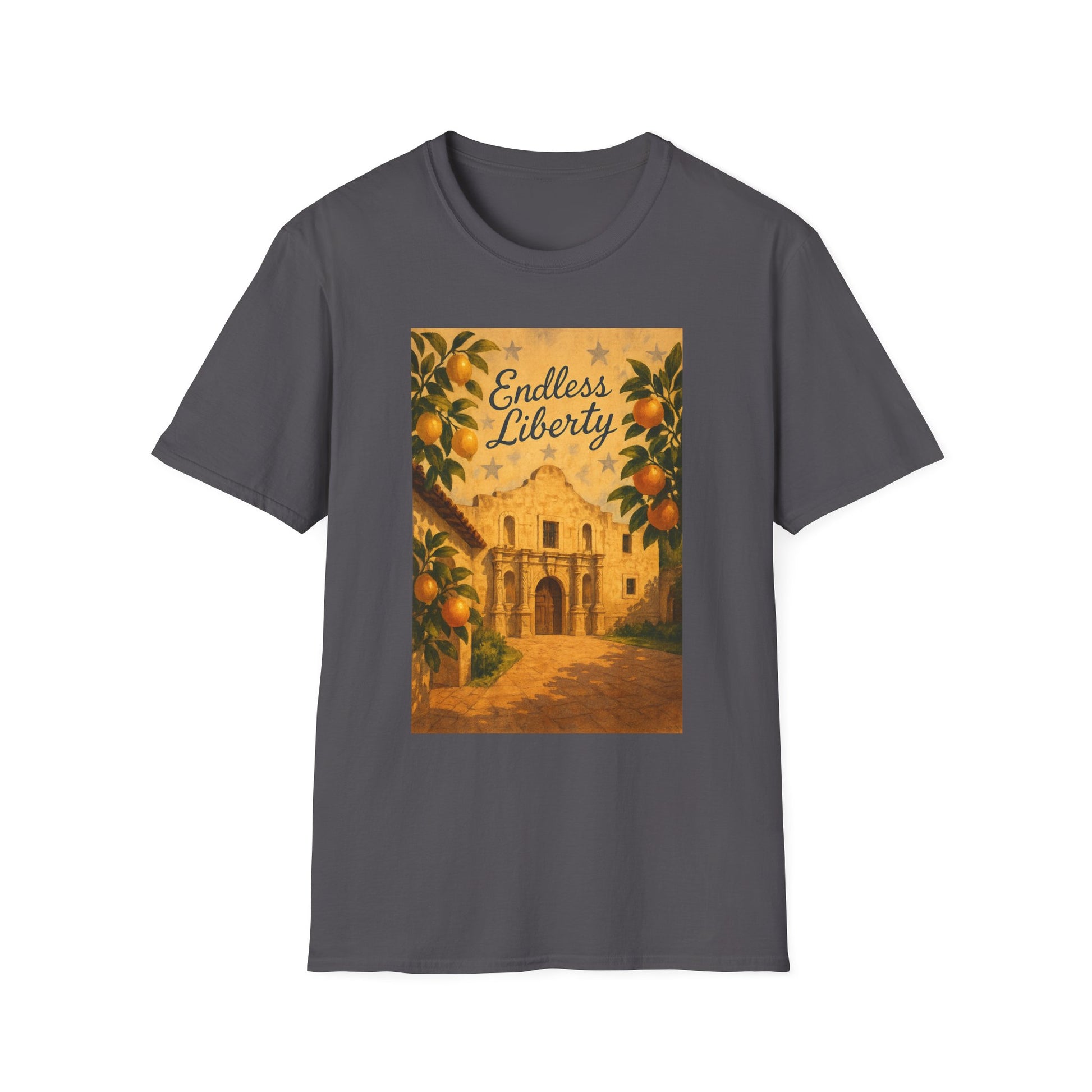 Printify Alamo citrus patriotic shirt with vintage Alamo design and orange citrus graphics on gray T-shirt