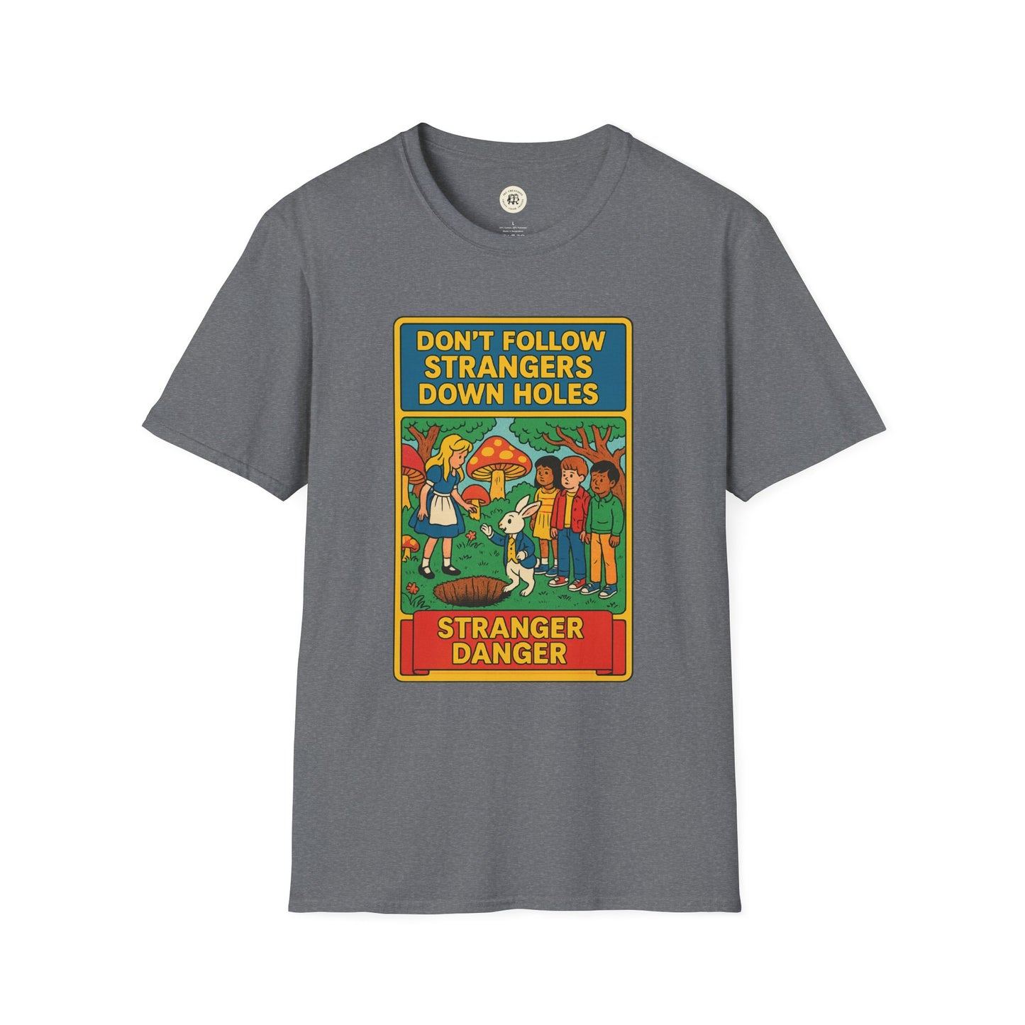 Gray Printify Alice in Wonderland graphic tee with colorful Stranger Danger design and warning text