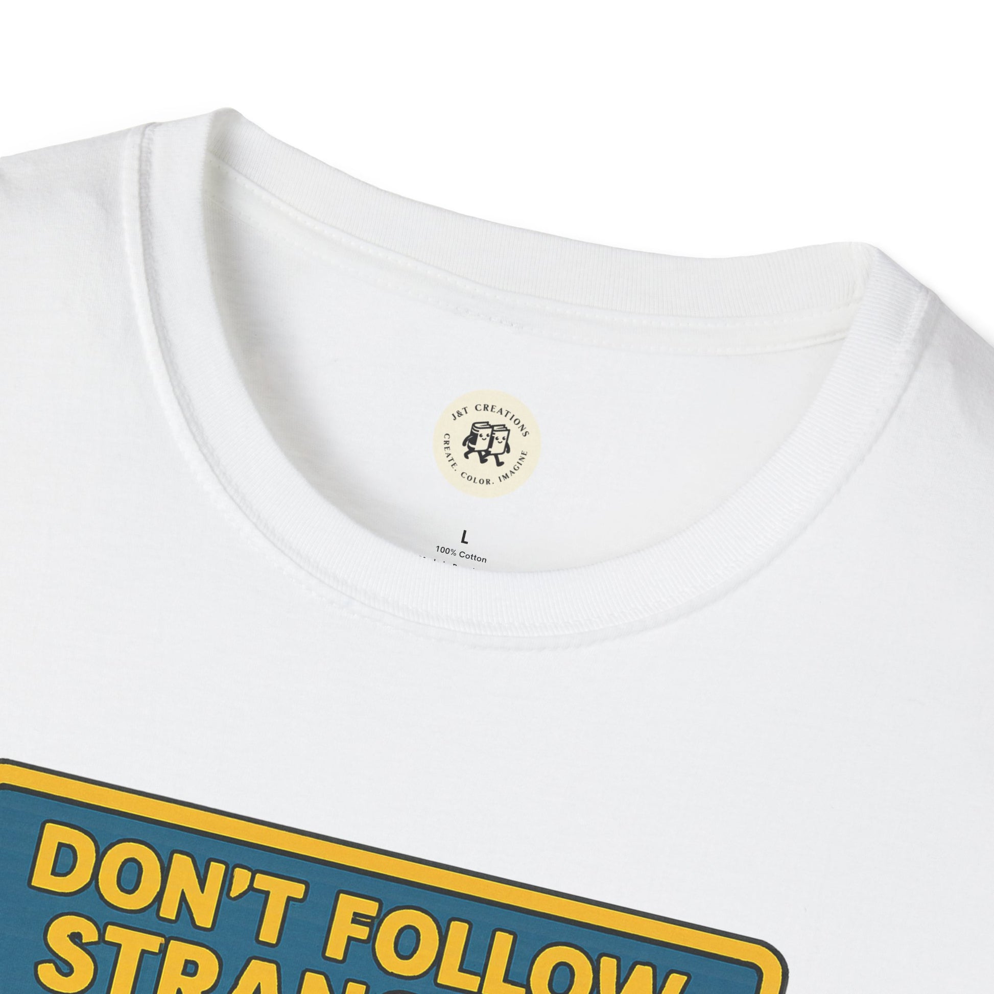 White Printify T-shirt featuring Alice in Wonderland graphic tee with colorful text design
