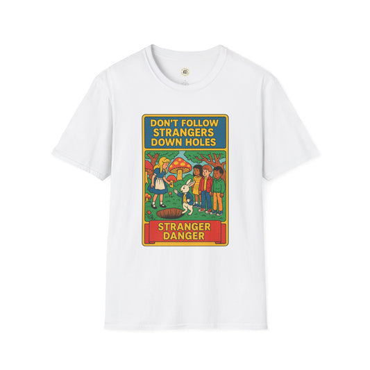 White Printify T-Shirt featuring a colorful Alice in Wonderland graphic tee with warning text about strangers