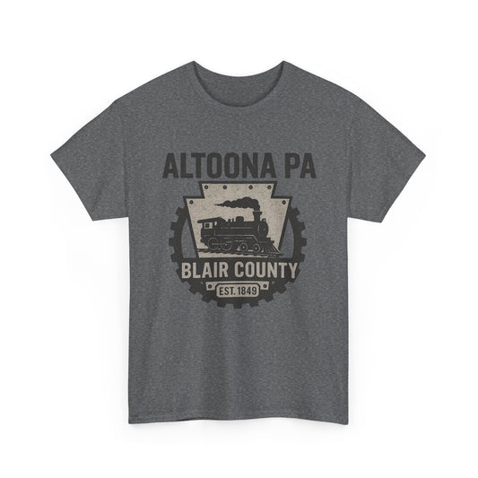 Gray Altoona PA t-shirt by Printify featuring Blair County vintage train graphic design