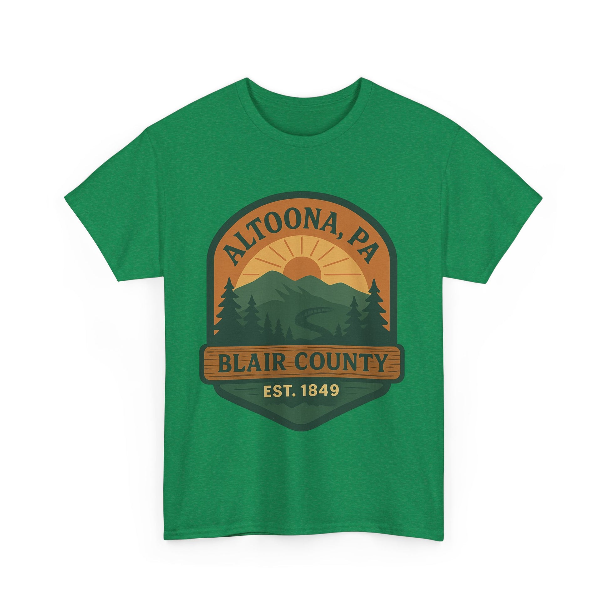 Green Printify Altoona adventure t-shirt with Blair County mountain sunrise design