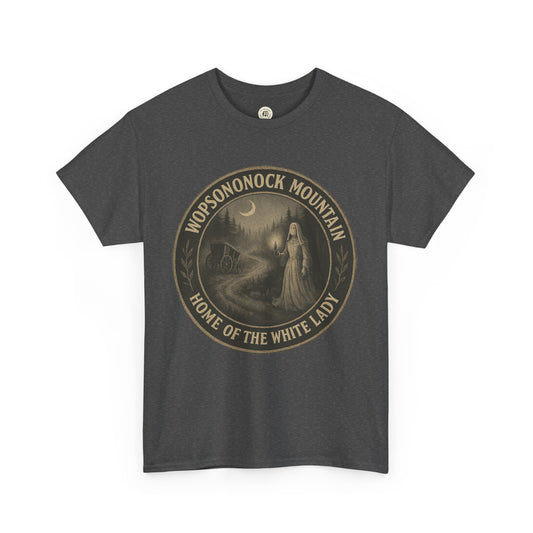 Dark gray Printify T-shirt featuring a vintage Wopsononock Mountain design with the White Lady ghost image Altoona ghost shirt