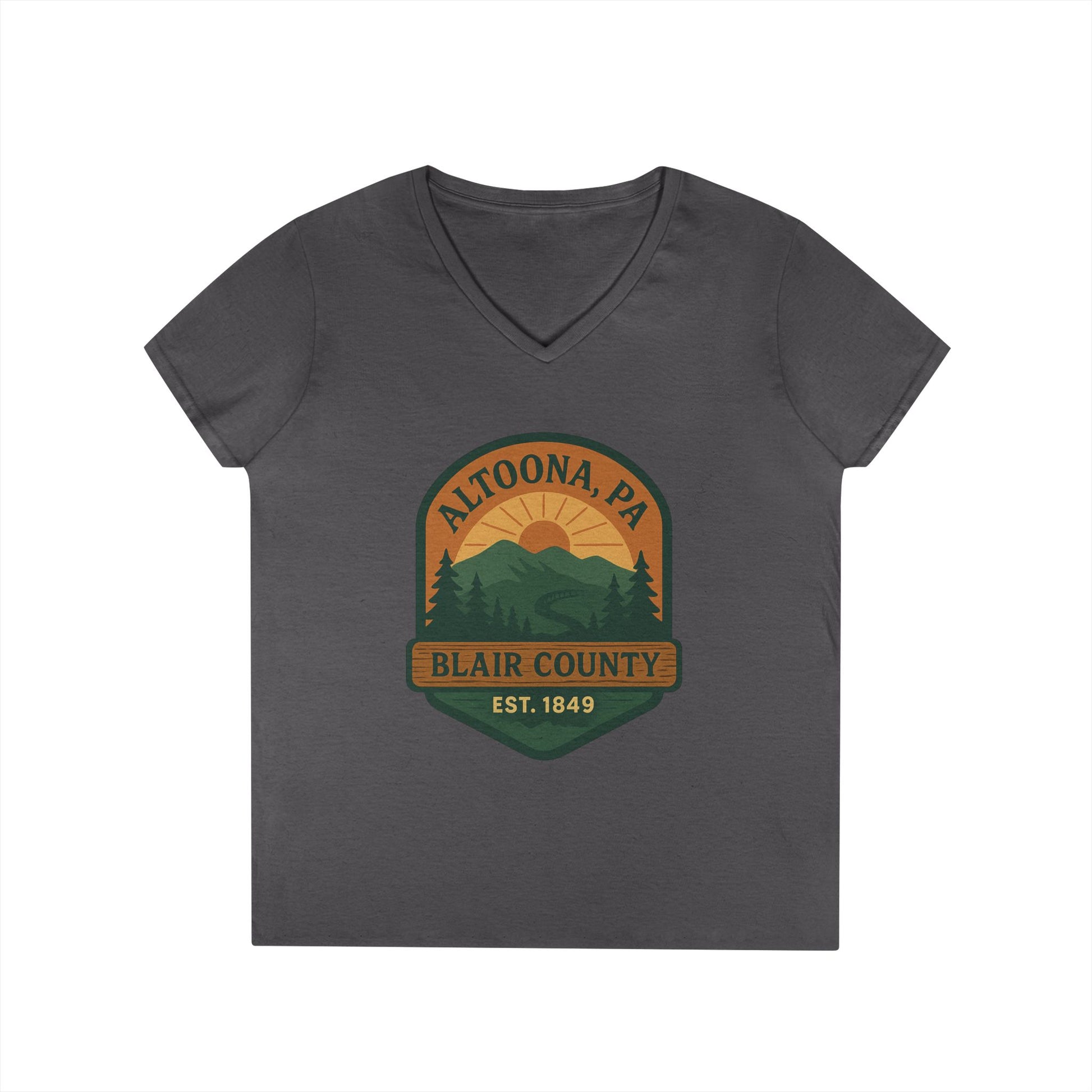 Printify charcoal V-neck Altoona PA mountain t-shirt with Blair County sunset design