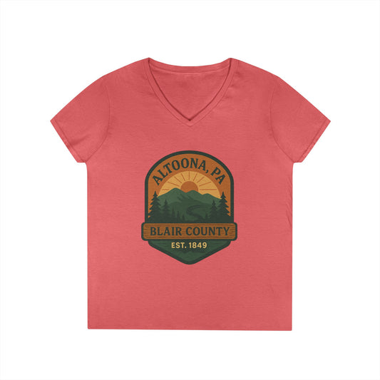 Printify V-neck Altoona PA mountain t-shirt with Blair County nature design in green and orange