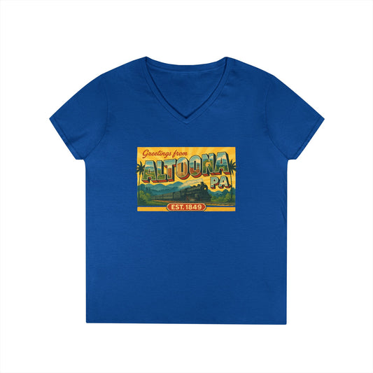 Blue V-neck Altoona PA souvenir t-shirt with vintage Greetings from Altoona graphic design