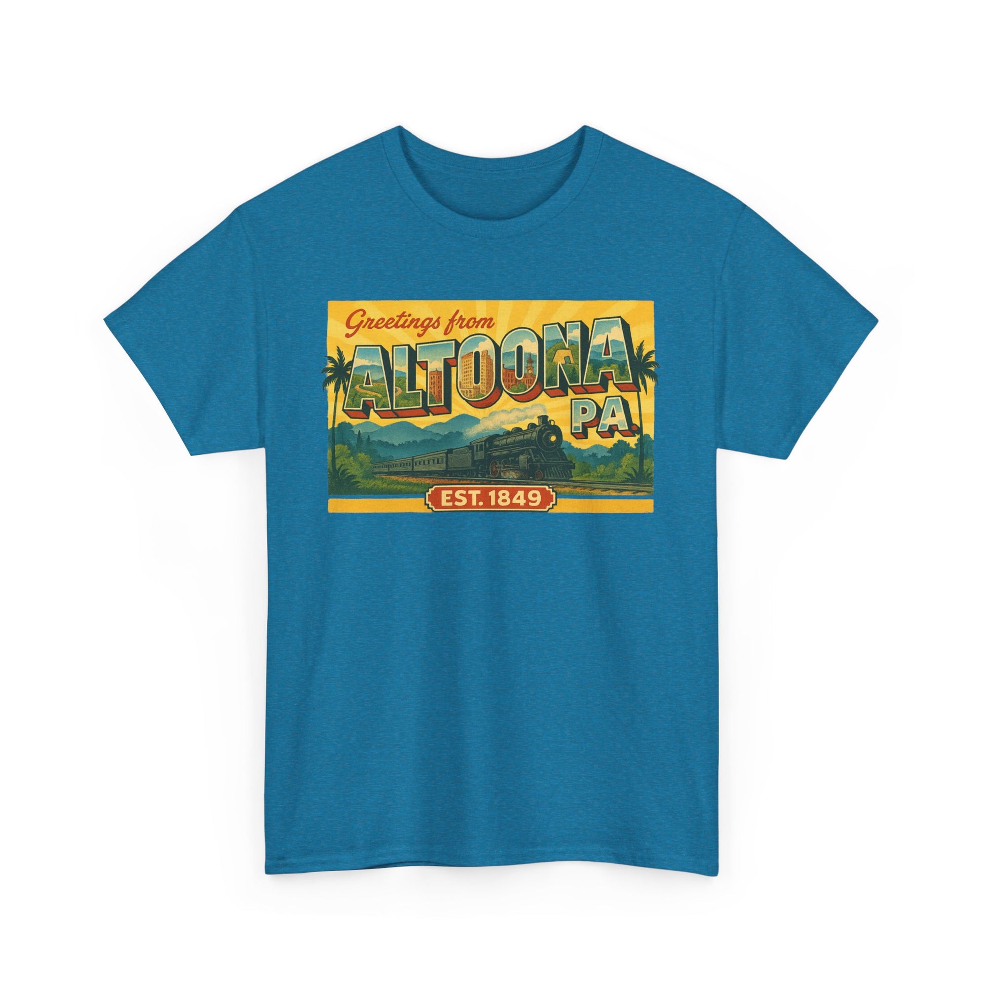 Blue Printify Altoona PA souvenir t-shirt with vintage Greetings from Altoona design