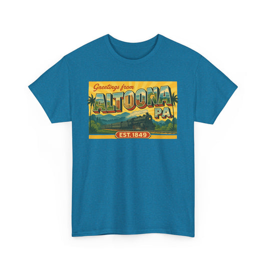 Blue Printify Altoona PA souvenir t-shirt with vintage Greetings from Altoona design
