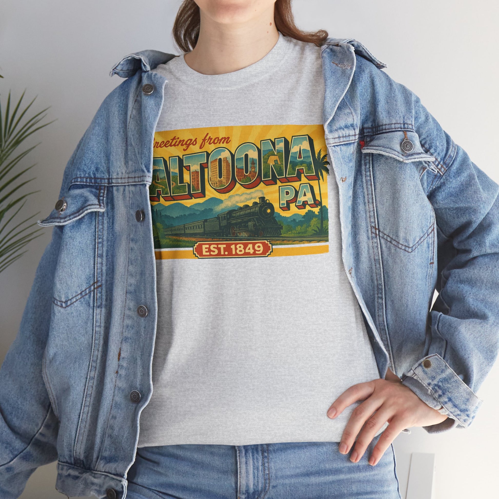 Gray Altoona PA souvenir t-shirt with vintage train graphic worn under denim jacket