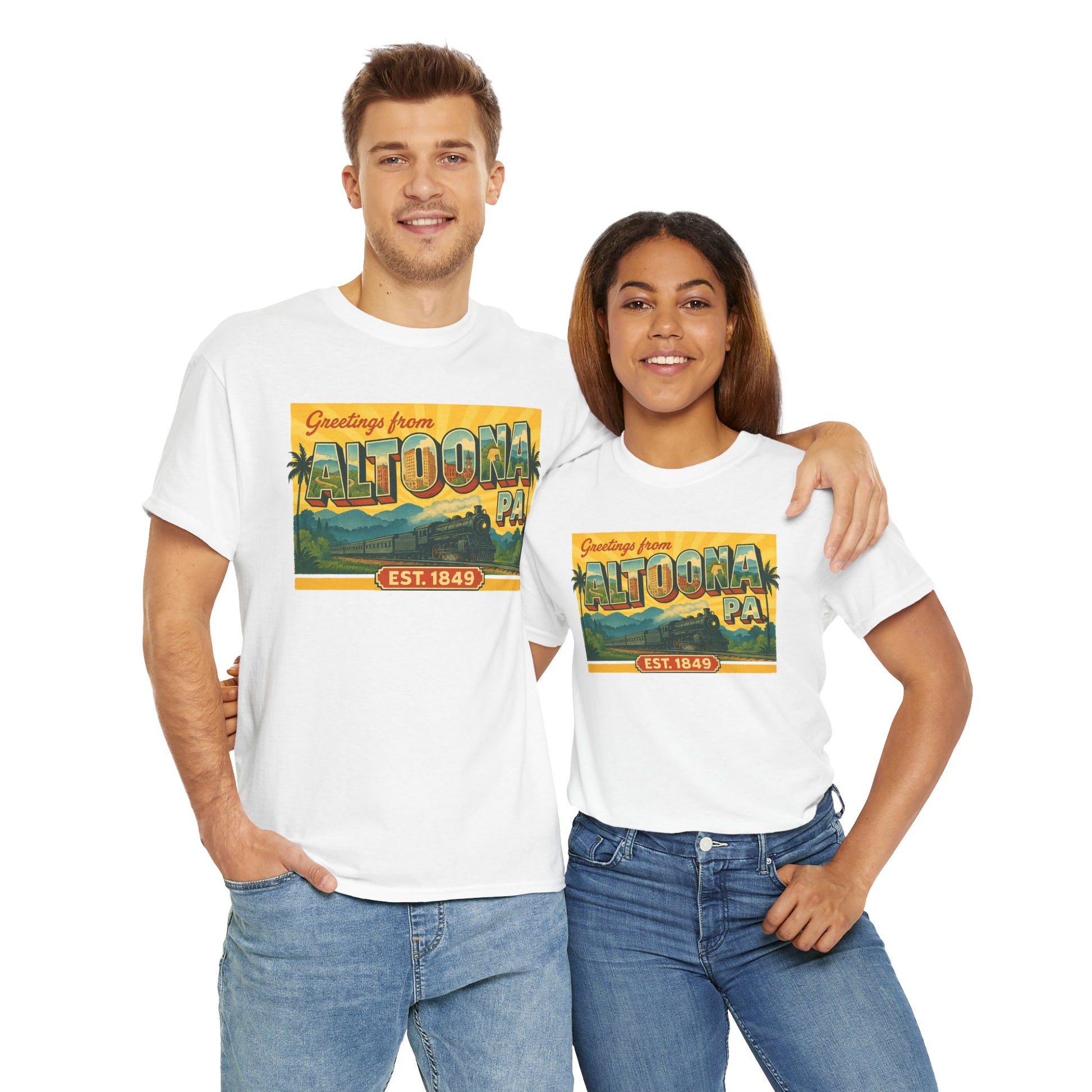 Couple wearing white Printify Altoona PA souvenir t-shirt with vintage scenic graphic design
