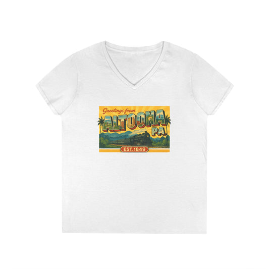 White V-neck Printify Altoona PA souvenir t-shirt with vintage postcard style design
