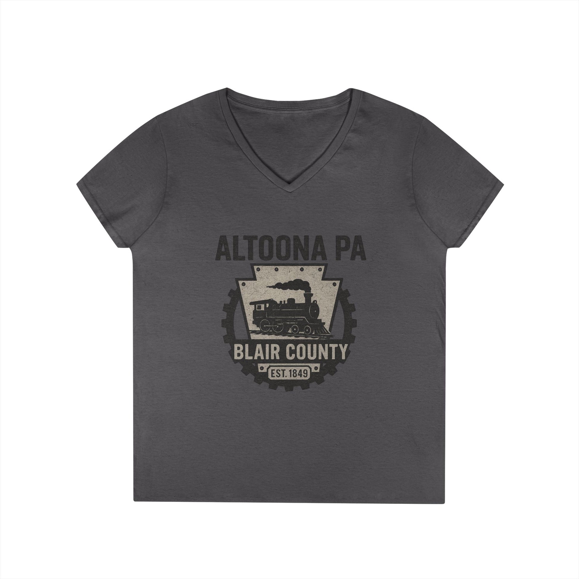 Printify V-neck Altoona PA vintage t-shirt with Blair County train graphic in dark gray