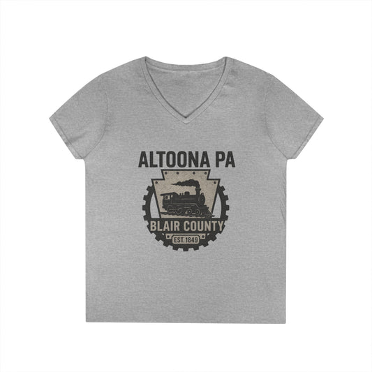 Grey V-neck Altoona PA vintage t-shirt with Blair County steam train graphic from Printify