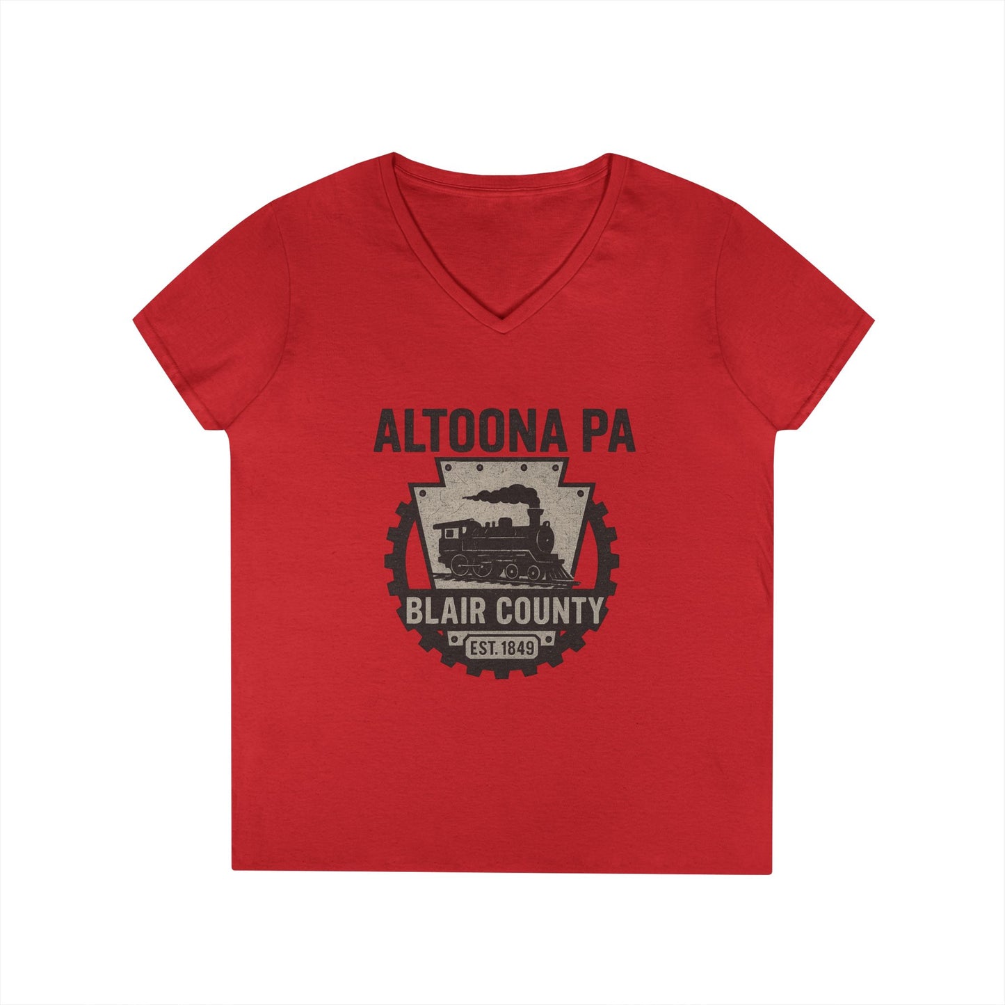 Red V-neck Altoona PA vintage t-shirt with Blair County train graphic from Printify