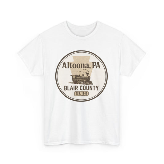 Printify white T-shirt featuring Altoona PA vintage t-shirt design with Blair County steam train graphic