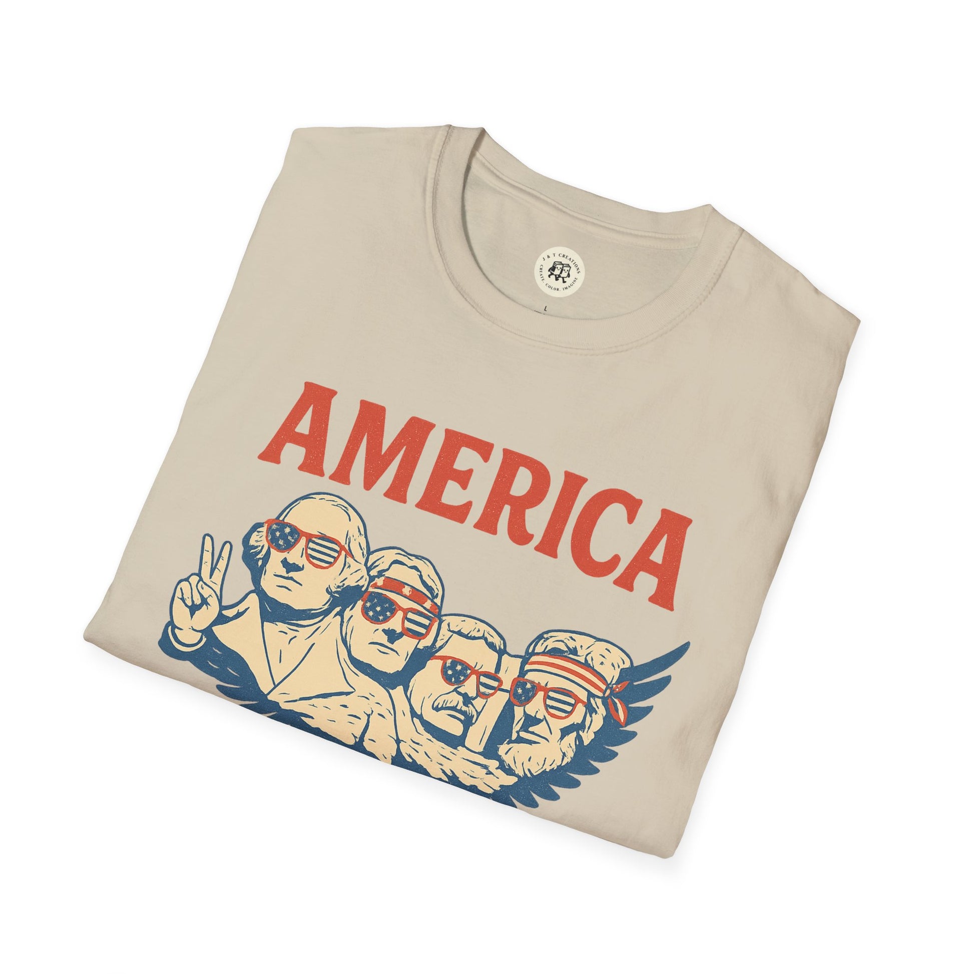 Beige America 1776 patriotic t-shirt featuring founding fathers with American flag sunglasses
