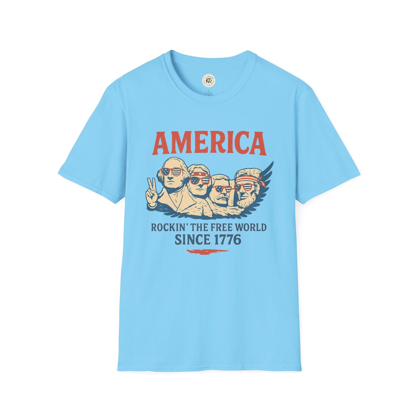 Light blue Printify America 1776 patriotic t-shirt with Mount Rushmore design and patriotic text