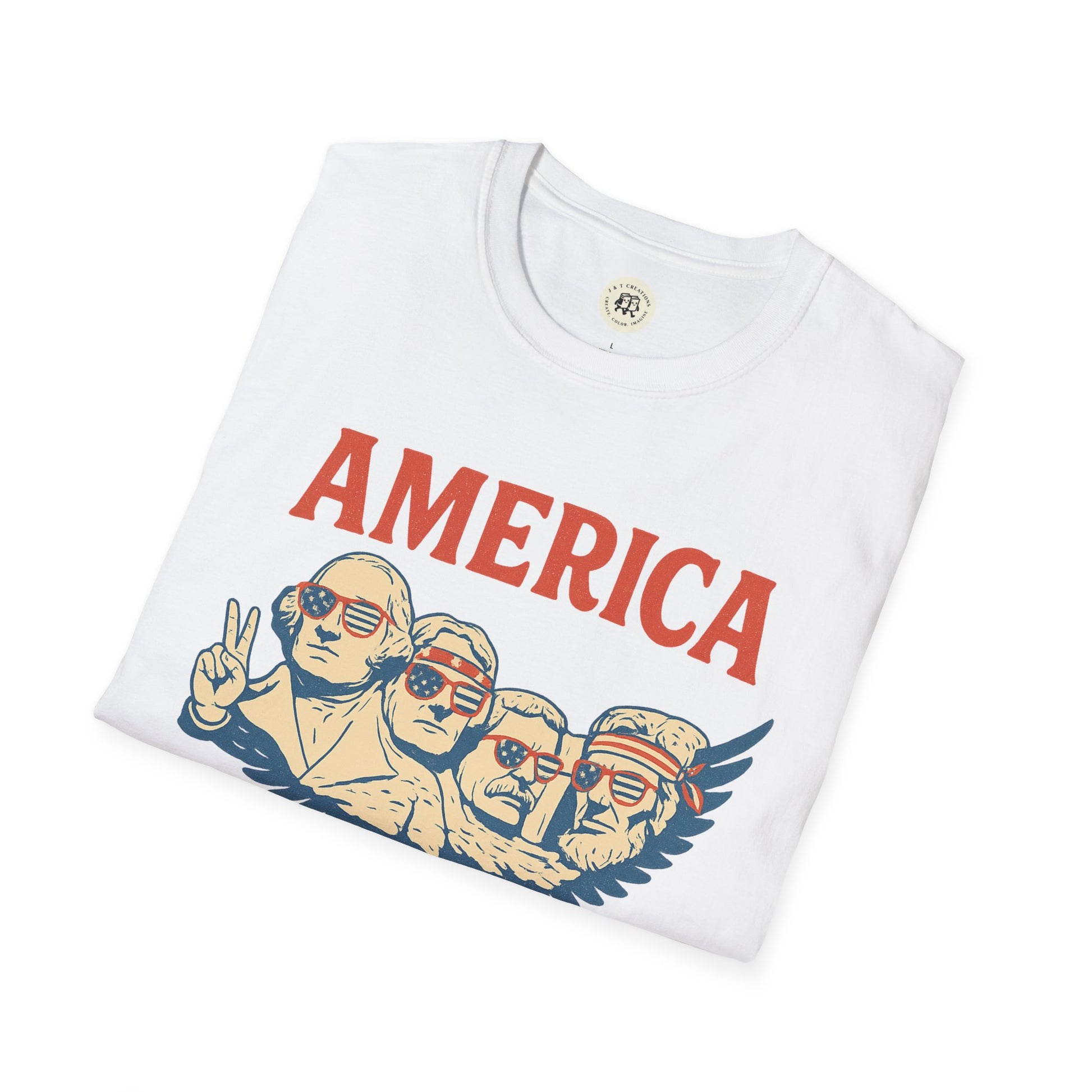 White Printify America 1776 patriotic t-shirt with cartoon historical figures wearing American flag sunglasses