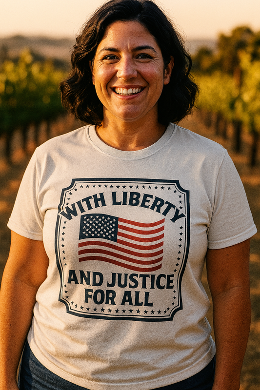 American pride t-shirt featuring a US flag and With Liberty and Justice for All text