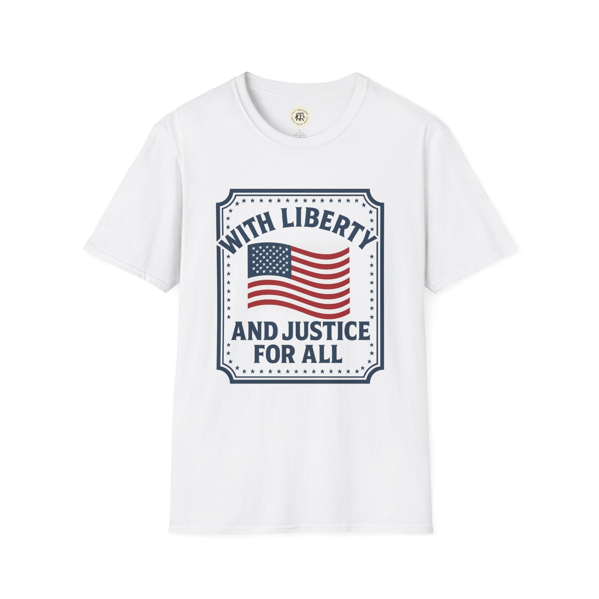 White American pride t-shirt with US flag and liberty and justice for all text by Printify