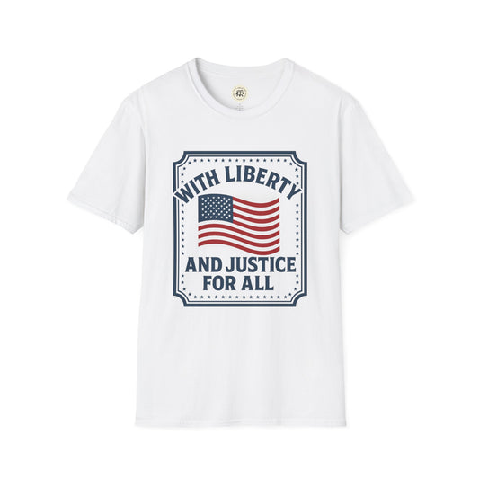 White American pride t-shirt with US flag and liberty and justice for all text by Printify