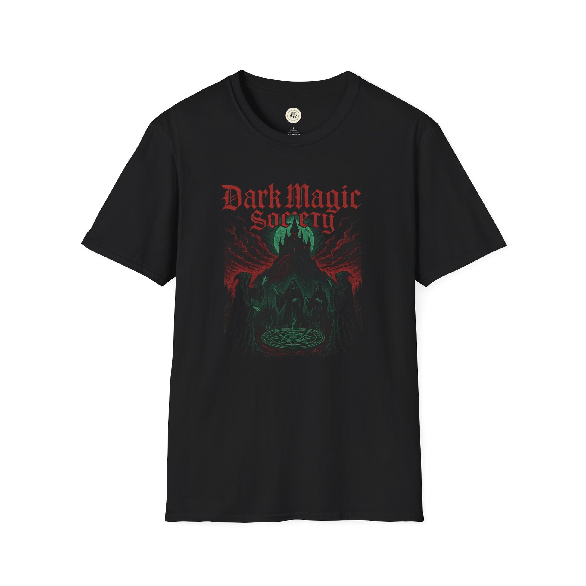 Printify dark magic unisex t-shirt black with red gothic text green occult illustration of hooded figures and magic circle