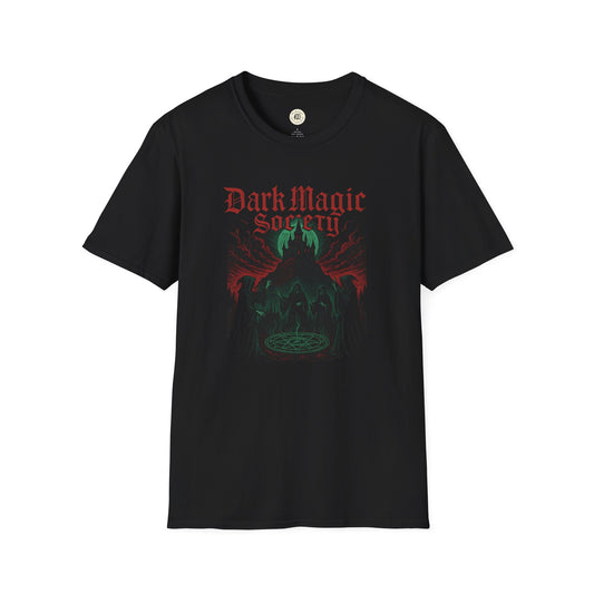 Printify dark magic unisex t-shirt black with red gothic text green occult illustration of hooded figures and magic circle
