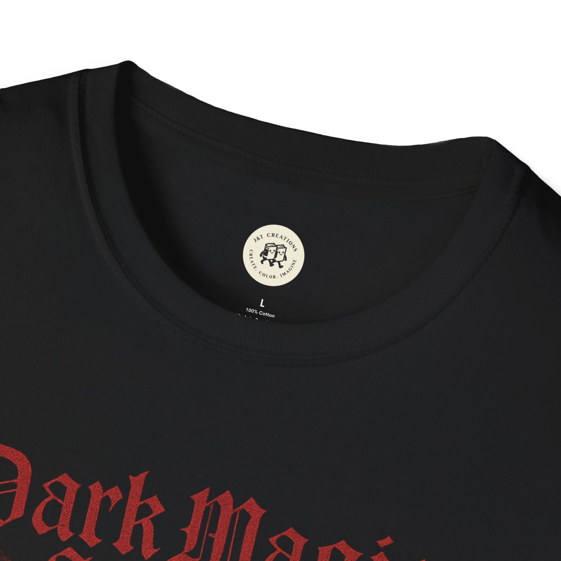 Printify black dark magic unisex t-shirt close up of neckline and red gothic text design