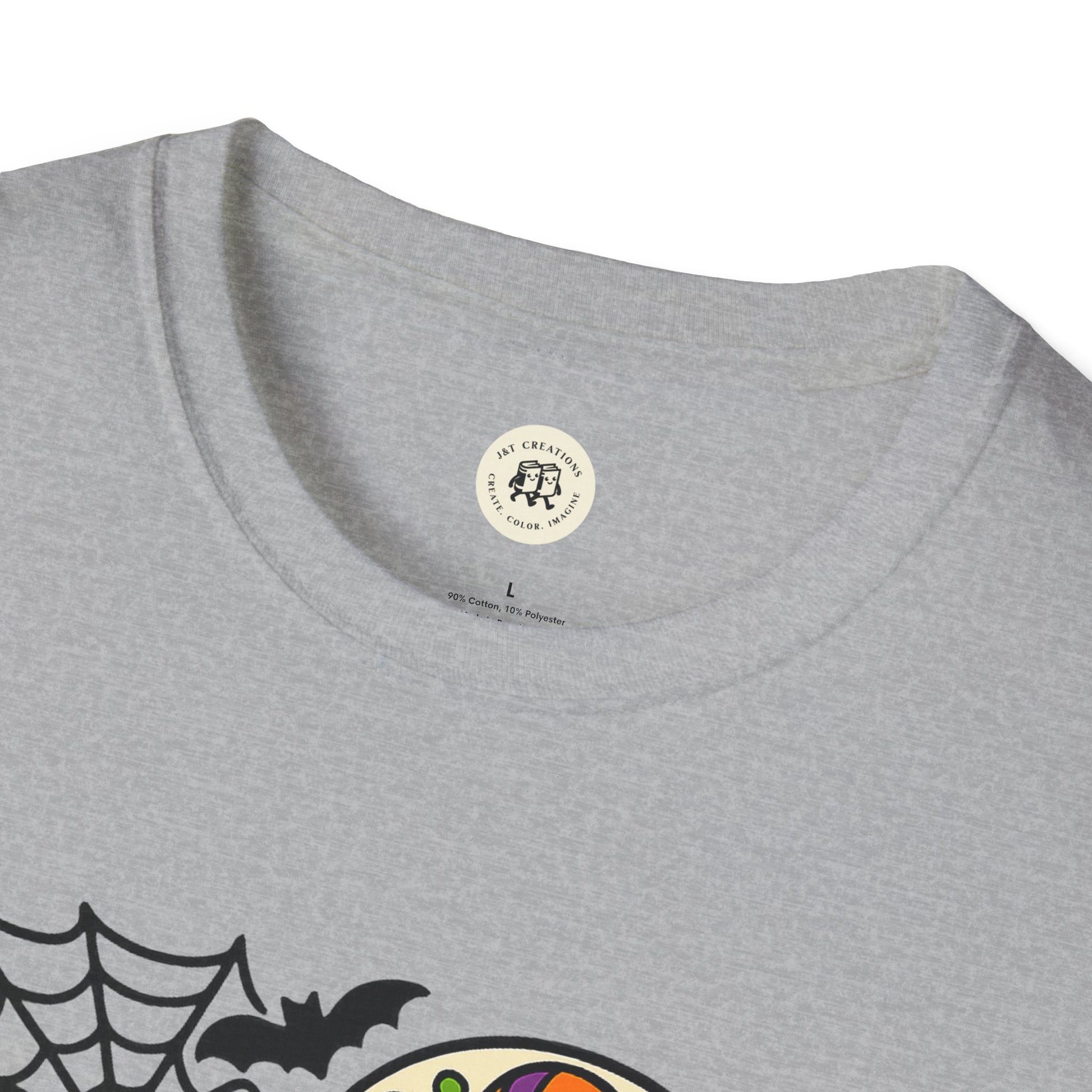 Printify gray crew neck t shirt showing spooky graphic with spiderweb bat and colorful skull circle boo-tiful soul halloween t-shirt