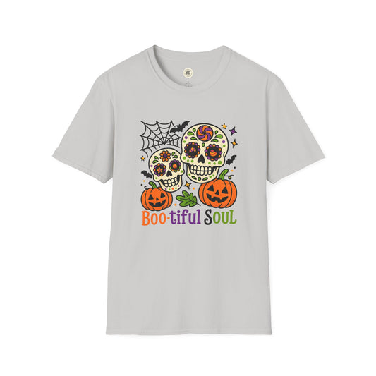Light gray T-shirt featuring two colorful sugar skulls pumpkins spiderweb and text boo-tiful soul halloween t-shirt