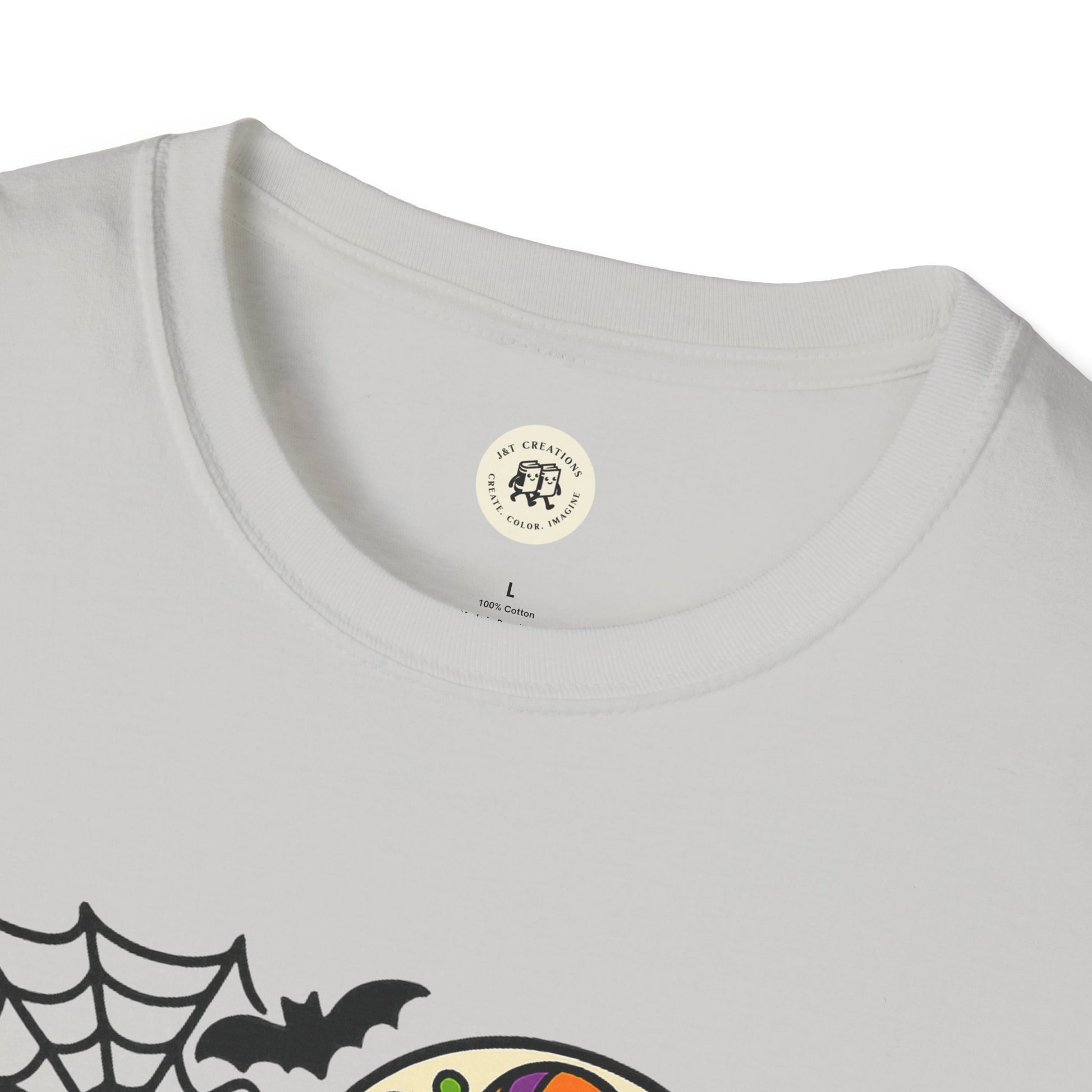 Printify white crewneck t-shirt with colorful skull bat and spiderweb design boo-tiful soul halloween t-shirt
