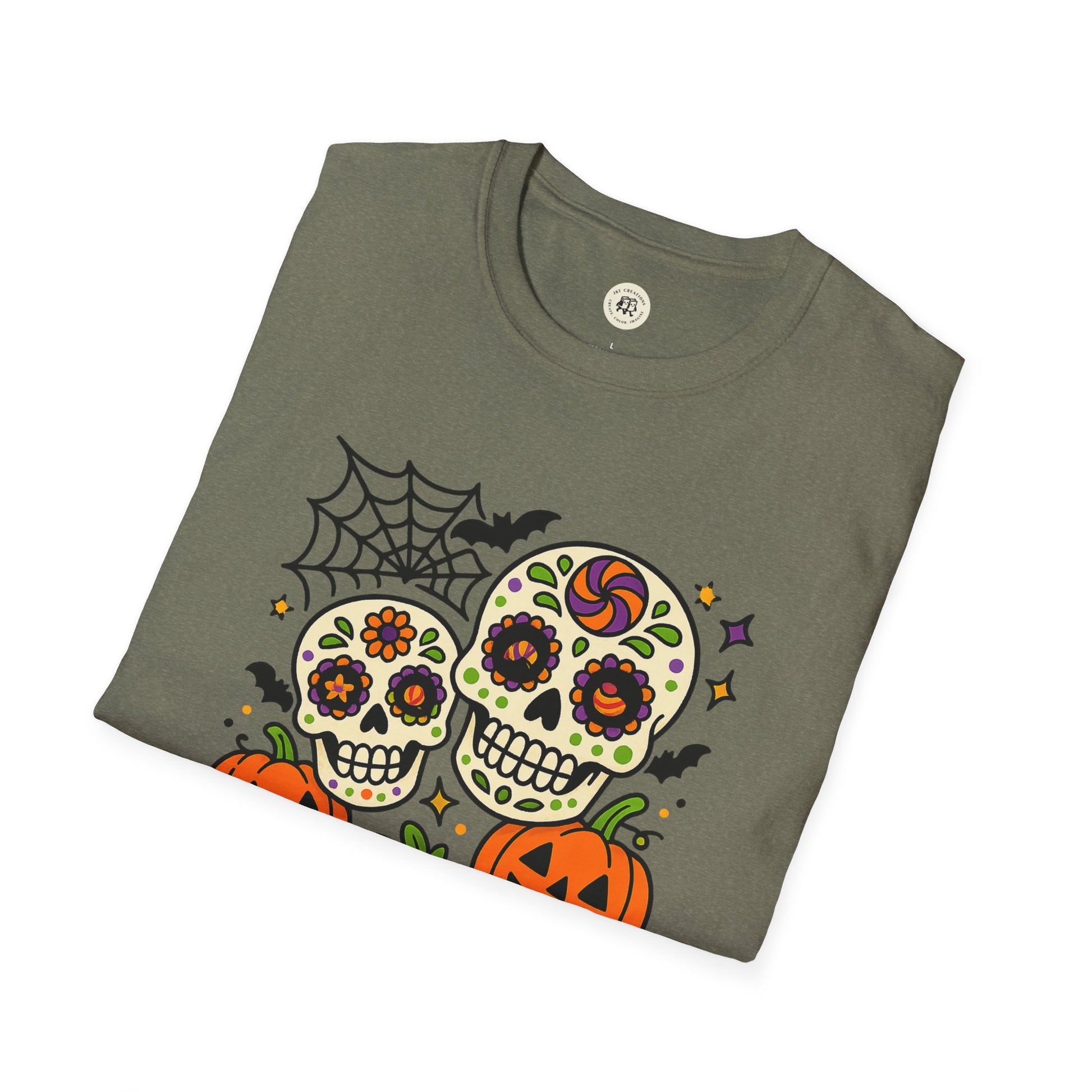 Printify folded olive green tee with colorful sugar skulls pumpkins bats and spiderweb boo-tiful soul halloween t-shirt