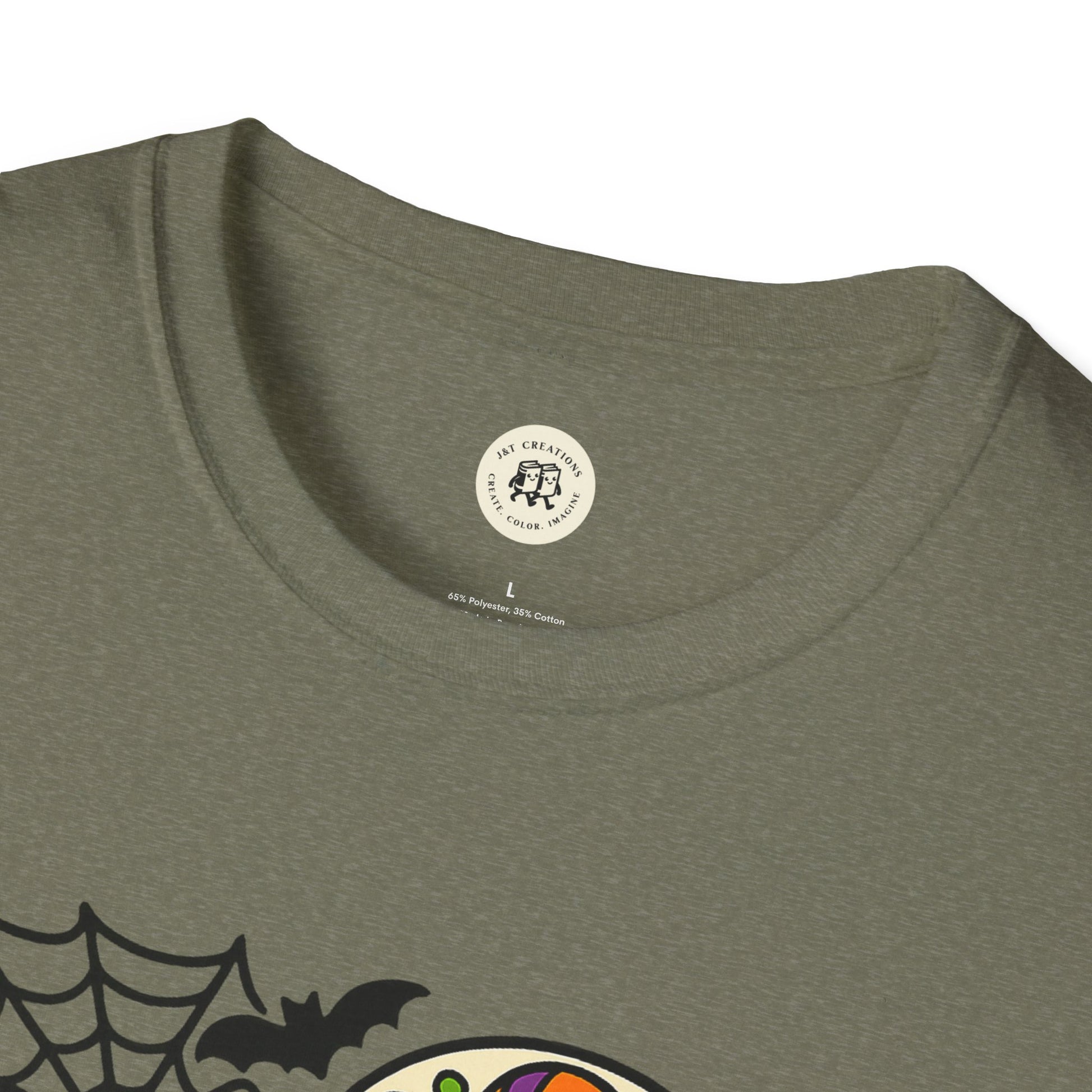 Olive green Printify crew neck tee with spiderweb bat graphic and text boo-tiful soul halloween t-shirt