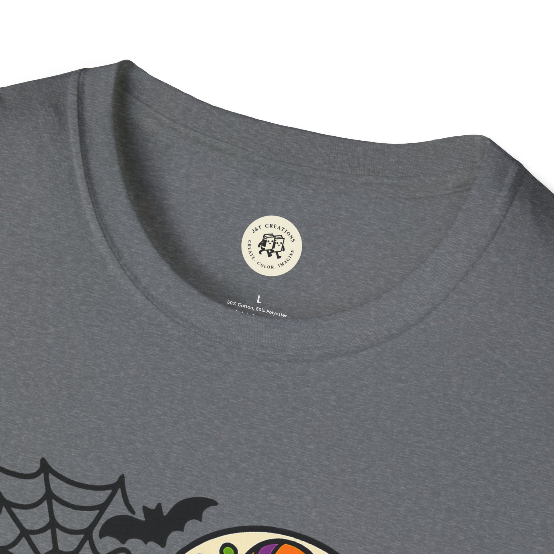 Printify grey crewneck T-shirt with boo-tiful soul halloween t-shirt colorful spider web and bat print