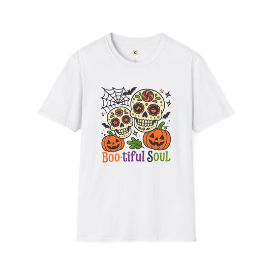 Printify white t shirt with colorful sugar skulls pumpkins spiderweb and text boo-tiful soul halloween t-shirt