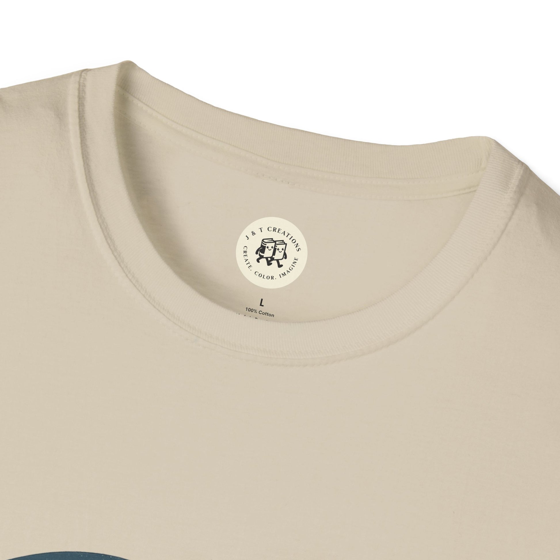 Close-up of Printify beige Fourth of July America t-shirt collar with tag and stitching details